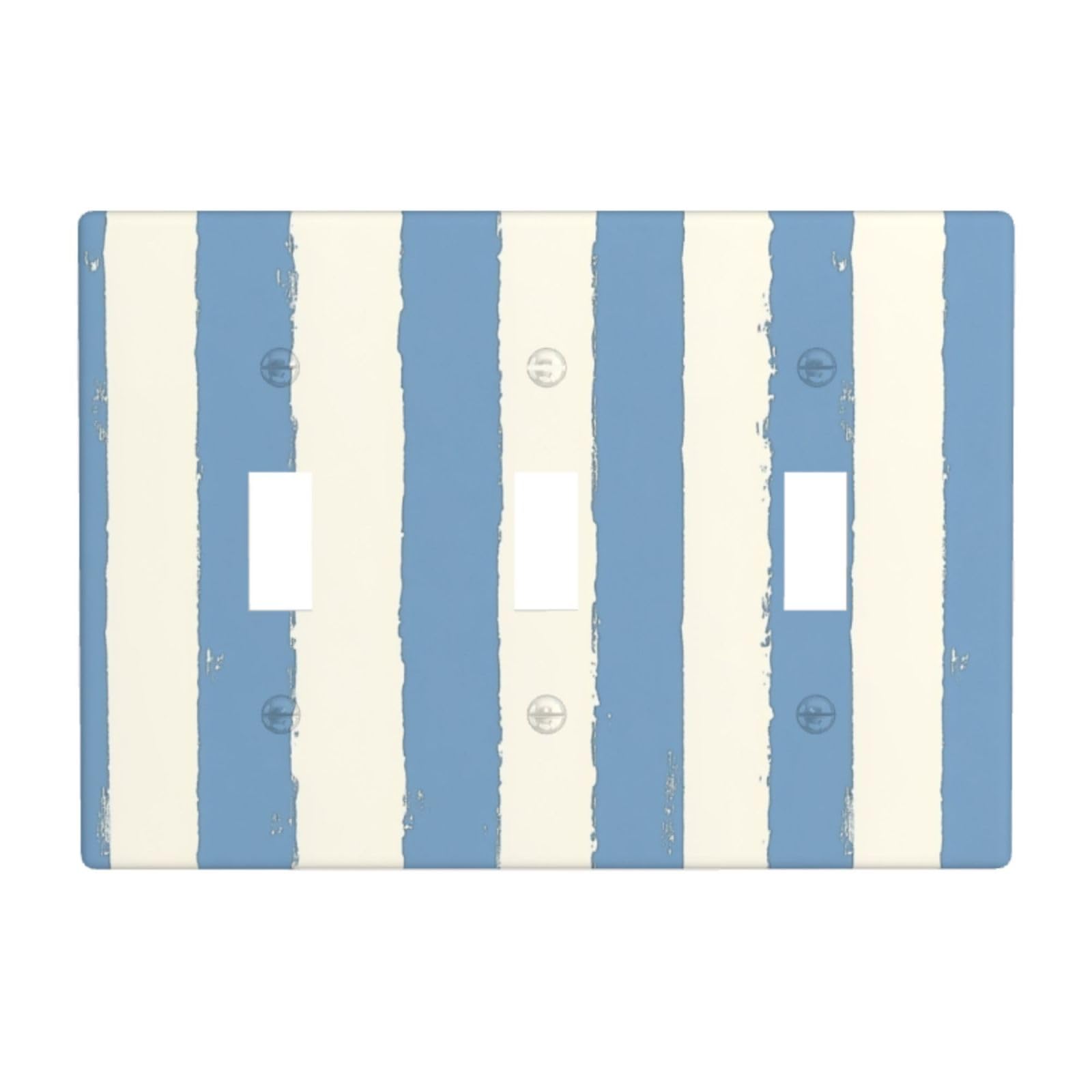 Light Blue and White Stripes Nautical Cottagecore Light Switch Covers 3 Gang Triple Toggle Wall Plate Switchplate Electrical Faceplate for Bathroom Kitchen Bedroom Decor