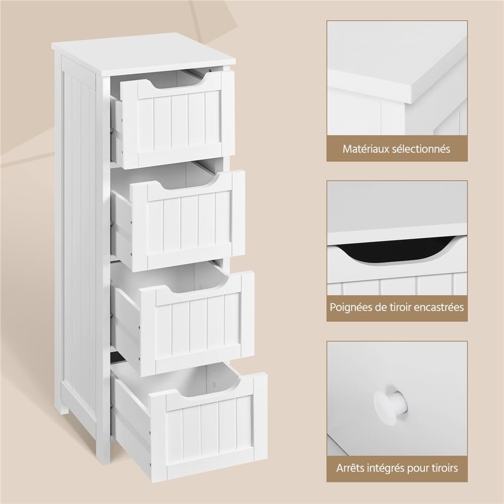 Yaheetech Meuble Rangement Salle de Bain, Colonne Salle de Bains, 30 × 30 × 82 cm, 4 Tiroirs, Petit Meuble Toilette/Salon/Chambre, Blanc