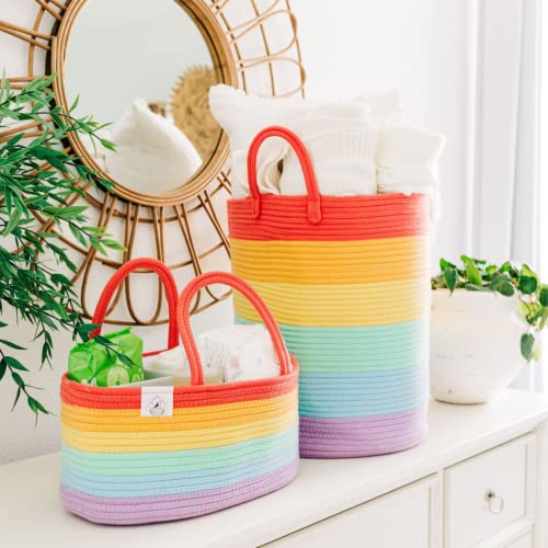 Image of OrganiHaus Toy Storage Basket for Kids, Large Cotton Rope Organizer Bin for Nursery, Toy Box, Blanket Holder, Baby Hamper for Living Room, Soft & Washable (Rainbow Tall) | Rainbow - Rainbow Cotton Rope Hamper, Nursery 52L