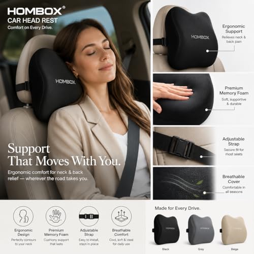 Image of HOMBOX Car Neck Rest Pillow | Ultrasoft Pillow for Comfortable Car Rides | Superior Neck Support Cushion | Relieves Neck Pain | Memory Foam Head Rest Pillow with Washable Velvet Cover | Black