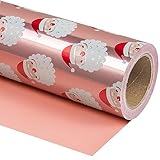 WRAPAHOLIC Reversible Christmas Wrapping Paper - Mini Roll - 17 Inch x 33 Feet - Santa Claus Wrapping Paper and Solid Rose Gold Design with Metallic Foil Shine for Chrsitmas, Holiday, Party