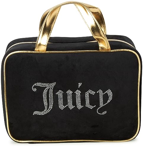 Juicy Couture Black Makeup Bag Cosmetics Organizer Travel Essentials Weekender Velour Rhinestone Gold Trim