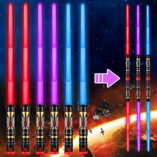 6 Pack Light Up Saber 3 Colors, 2-In-1 Led Dual Light Swords With Fx Sound (Motion Sensitive) And Telescopic Handle For Multiplayer Galaxy War Fighter Warriors, Xmas Present Kids Party Gift