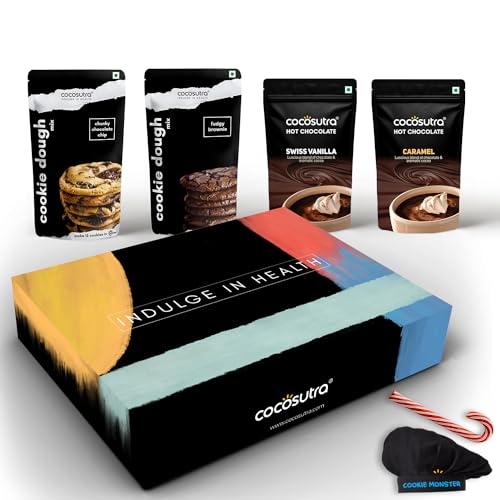 Image of COCOSUTRA Gourmet Treats Hamper | Cookie Dough Mix & Hot Chocolate with Chef Cap & Candy Cane | Premium Celebration Box | Pack of 4-670 g