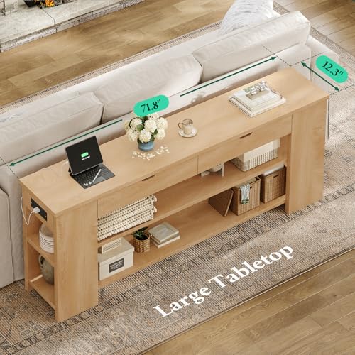 Image of 71.8 Inch Extra Long Console Table with Drawers, Farmhouse Long Console Table with Shelves & Built-in Outlets, Entryway Table with Storage for Living Room, Entryway, Hallway, Natural