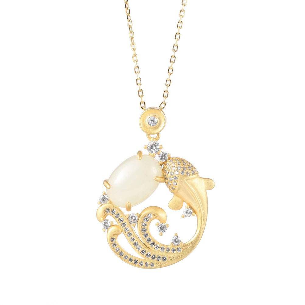 Collana con ciondolo in giada bianca naturale con nefrite, carpa, piccoli pesci, catena con clavicola per donna, giada,