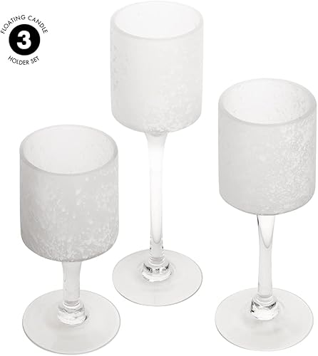 Miniatura 7 de Koyal Wholesale Juego de 3 portavelas blanco esmerilado, de tallo largo, juego de 3 portavelas flotantes de vidrio blanco esmerilado, portavelas