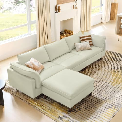 Image of CHITA 127 inch Leather Super Large Sectional Couches for Living Room, Modular Sofa, Premium Genuine Leather Sofa, Down Filled, High Density Foam, Real Leather in Cream, 4 Seat L Shaped