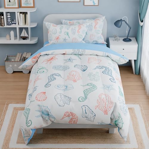 Image of Kids Bedding Set for Girls Boys, Ultra Soft Microfiber Comforter Set Full Size with 4-Pieces, Seashell Ocean Comforters Bed Sets for Kid Children Teen Tween Bedroom Decor