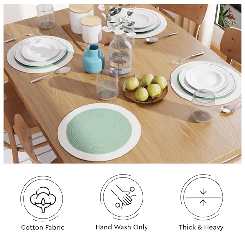 Image of Dining Table Mats Set of 4 | Cotton Table Mat 32 cm Diameter, Encasa XO Washable Round Table Mats, Heat Resistance Dining Table Placemats, Handmade Ribbed Style for Centre Table, Sage & Off White