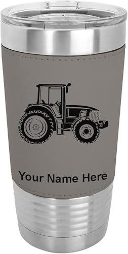 LaserGram Vaso aislado al vacío de 20 onzas tractor de granja grabado personalizado incluido piel sintética gris