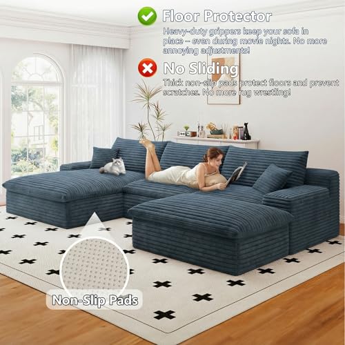 Image of 107 inch Cloud Couch Modular Sectional Sofa for Living Room, U-Shape Boneless Couch with Deep Seat, Modern Corduroy 3-Seater with Ottoman, No Assembly Required (Blue,Left-Facing Chaise)