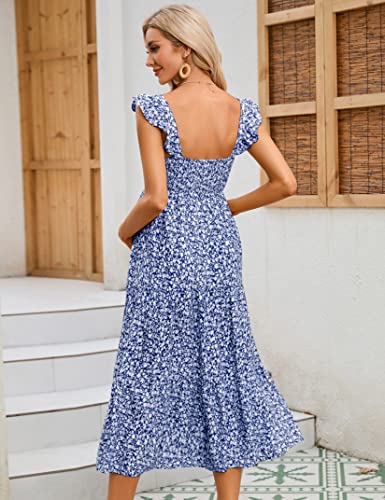 Image of KOJOOIN Womens Maternity Dress Summer Sleeveless Smocked Square Neck Ruffle Casual Boho Midi Dress Baby Shower Photoshoot