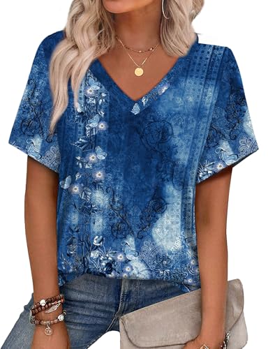 Alaroo Womens Summer Tops 2025 V Neck Short Sleeve Shirts Trendy Dressy Casual Vacation Outfits Printed