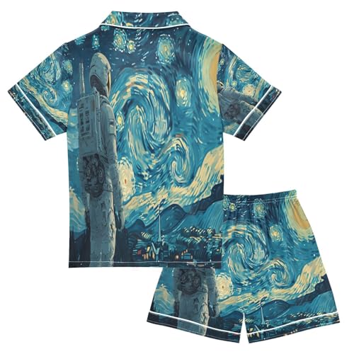 ALAZA Van Gogh Starry Night Astronaut Satin Pajamas Set Short Sleeve Button Down Sleepwear Summer Pjs 2 Piece2