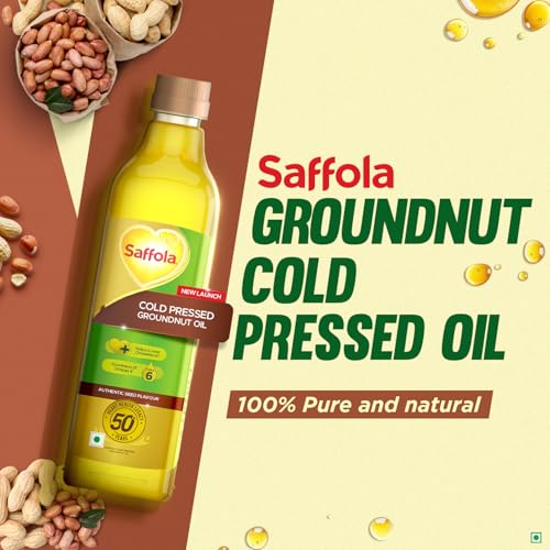 Image of Saffola Cold Pressed Groundnut Oil | 100% Cold Pressed Groundnut Oil | Helps Lower Cholesterol, Goodness of Omega 6 & Authentic Seed Flavour | 1L Pet Bottle (Pack of 5)
