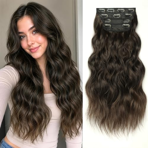 Image of KooKaStyle Clip in Synthetic Hair Extensions Long Wavy 4PCS Thick Hairpieces Dark Walnut Brown Fiber Double Weft Natural Hair Extensions 20 Inch for Women