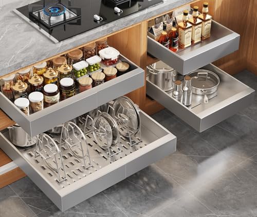 4Pack Expandable Pull Out Cabinet Organizer 21" Deep with Raising Pad for Framed Cabinets,Slide Out Drawers with 4pcs Divider Racks,Roll Out Shelves,Adjustable Width 12.05"-20.4" Silver