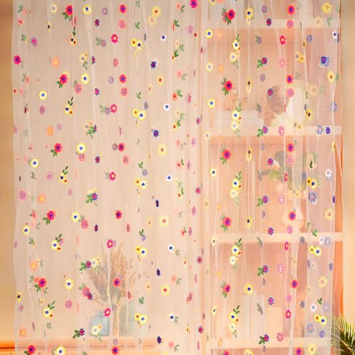 Floral Backdrop Curtain Champagne Daisy Tulle Flower Embroidery Backdrop Curtain for Spring Summer Easter Wedding Birthday Floral Party Photo Shoot Decorations 6.5ft4.9ft