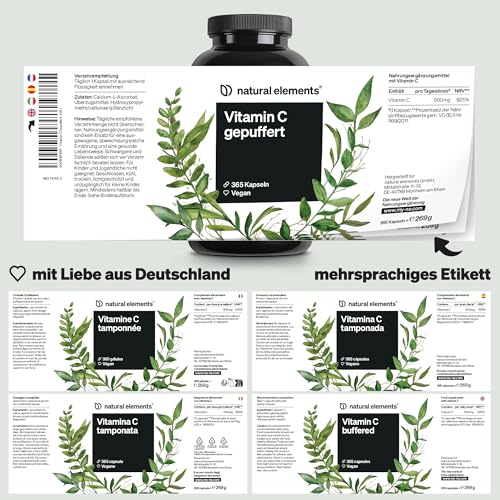 natural elements Vitamin C gepuffert 500mg – 365 vegane Kapseln – magenschonend, pH-neutral, säurefrei – aus Fermentation von Mais ohne Gentechnik gewonnen – in Deutschland entwickelt & laborgeprüft 5