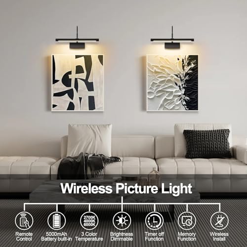 Image of Picture Light, 5000mAh Battery Rechargeable Wall Sconce,16 inch Black Art Painting Light with Remote Dimmable, 3 Color temperatures & Timmer Art Lights for Paintings,Picture Frame,Gallery