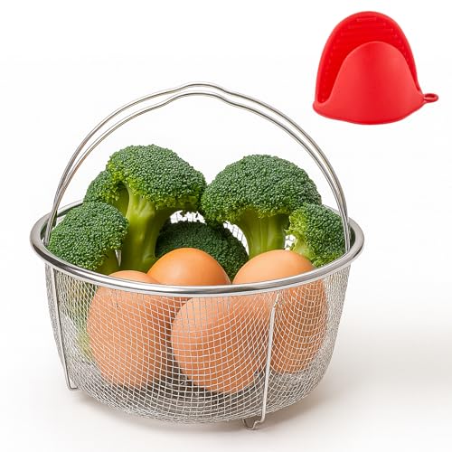 Stainless Steel Steamer Basket, Vegetable Steamer Basket for Instant Pot, Accessories 6 or 8 quart, Instant Pot Insert with Silicone Gloves, Metal Strainer for Cooking Vegetable, Eggs, Pasta, Quinoa