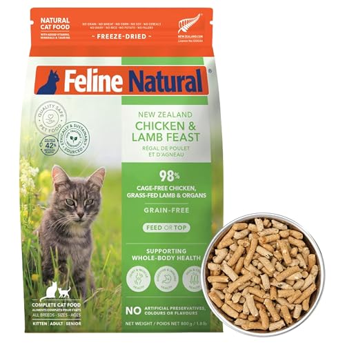 Feline Natural High Protein Dry Cat Food Freeze-Dried Diet with 98% Meat Organs & Seafood No Peas Grains or Artificial Additives Made in New Zealand Chicken & Lamb 1.8lb