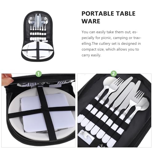 Uonlytech vaisselle de camping portable assiette couverts inox noir - 4