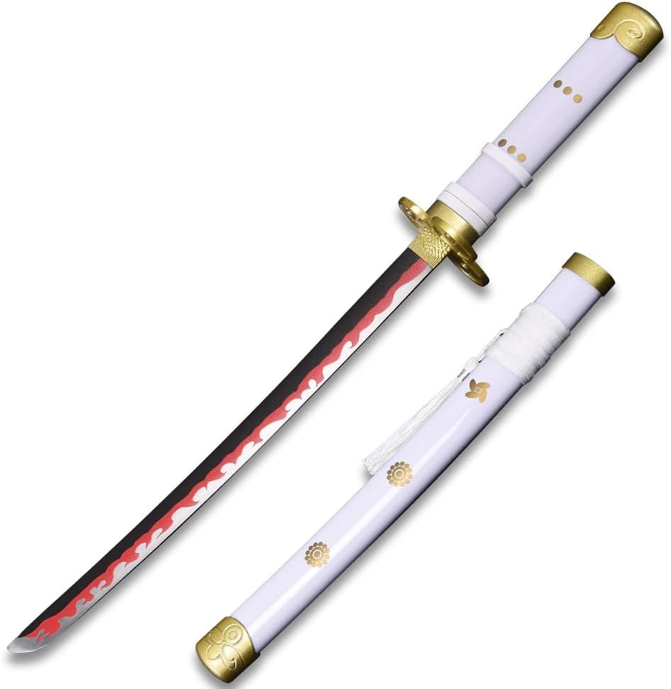 One Piece Roronoa Zoro AME no Habakiri Tanto Sword, White with Gold Accents, 17.5 Inches Overall Length, Stainless Steel Blade, Cosplay Prop with Display Stand