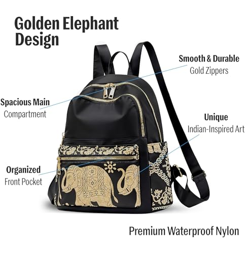 Image of AutoStory Women's Stylish Backpack | Golden Elephant Print Travel, College & Office Bag | Spacious Shoulder Backpack Purse with Anti-Theft Back Pocket & Zipper Compartments