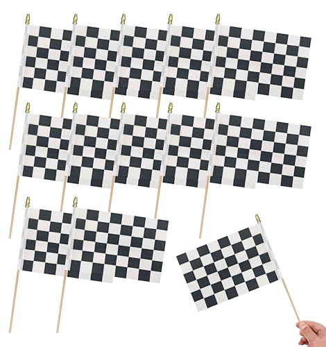 HSQCEZ 12Pcs Small Checkered Black and White Racing Flags on Wooden Stick Mini Race Car Flag Hand Held Flag Decorations 5x8 Inch