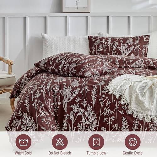 Image of Lekesky Floral Duvet Cover Queen Size, Burgundy Duvet Cover Queen Plant Flowers Pattern Bedding Set for All Season, Soft Breathable Comforter Cover with Zipper Closure & Corner Ties