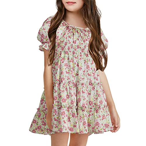 Goforparis Girls Short Puff Ruffle Sleeve Mini Dress Floral Print A-Line Tiered Swing Round Neck Loose Summer Babydoll Dress #TOP3