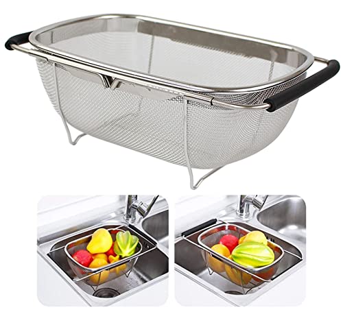 Ajioda Over The Sink Colander, 4 Quarts Stainless Steel Oval Colander With Expandable Rubber Grip Handle, Fine Mesh Strainer Baskets Kitchen Colander For Strain, Drain, Rinse Vegetables, Fruits, Black #TOP15