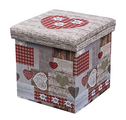D&D Quality Puff Almacenaje Plegable, Asiento Acolchado, 38 x 38 x 38 cm - Exterior Suave Piel Sintética - Caja Almacenamiento Cuadrada (Corazones)