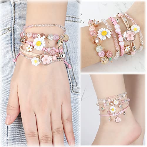Image of 4 Pcs Beaded Cute Bracelets for Teen Girls Women, Dainty Cute Cartoon Crystal Beads Pearl Stretch Charm Handmade Adjustable Anklets Bracelet Set Birthday Gift for Friends