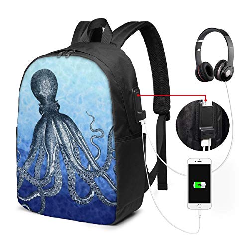 Preisvergleich Produktbild Reise-Laptop-Multifunktions-Reisetasc... Canvas-Schulter-Daypack-Rucksack Mit USB-Ladeanschluss Und Kopfhörerloch Für Teenager Mädchen Jungen -Tiefsee-Krake