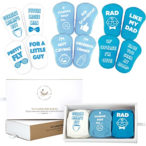 Image of First Landings Baby Socks Gift Set - 6 Pairs of Infant Socks with Adorable Quotes - Ready-to-Gift Packaging - Blues