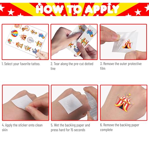 Image of 120 PCS Carnival Circus Clown Pre-Cut Temporary Tattoos for Kids | | Super Cute Themed Birthday Party Favors, Supplies, Decorations, Animal Fake Tattoo Stickers, Gifts for Boys Girls