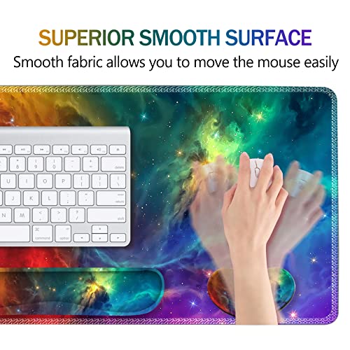Image of ARTSO Extended Gaming Mouse Pad Set, Keyboard Wrist Rest Support Pad + Wrist Cushion + XXL Large Mouse Pad + Coaster, Stitched Edge, Non-Slip, Memory Foam Desk Mat, Color Nebula Galaxy