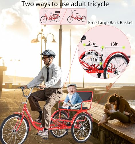 Image of Adult Tricycle Foldable with Child seat 3 Wheel Bicycle for Ladies Tricycle with Basket with Back seat 20 /24in Bikes Maximum Load 550lbs Shock Absorbing Fork Adult-Unisex (24in-7speed-red)