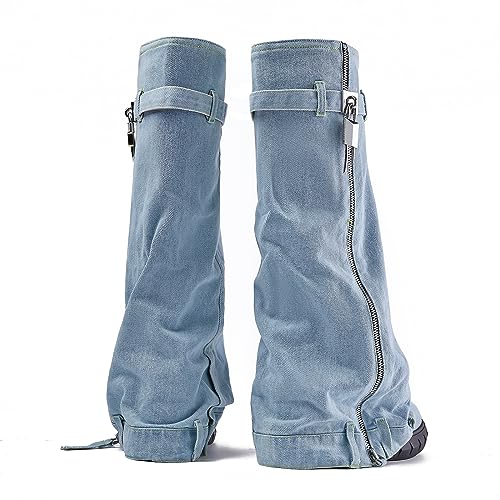 Impremey Women's Fold Over Knee High Boots Platform Heel Padlock Boot With Zipper Denim Jeans Biker Shoes #TOP2