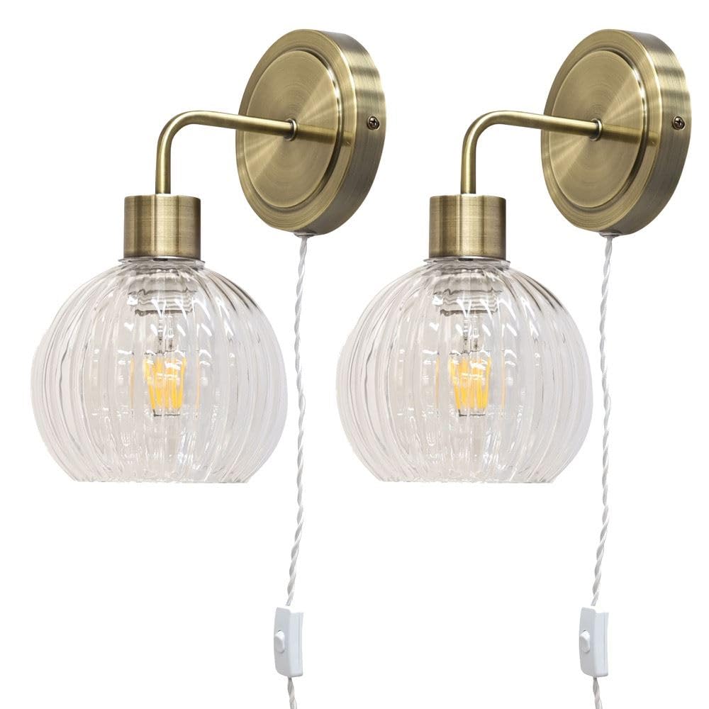 First Choice Lighting Set Of 2 TobyAntique Brass Plug In Wall Lights Clear Globe Shades from B&Q