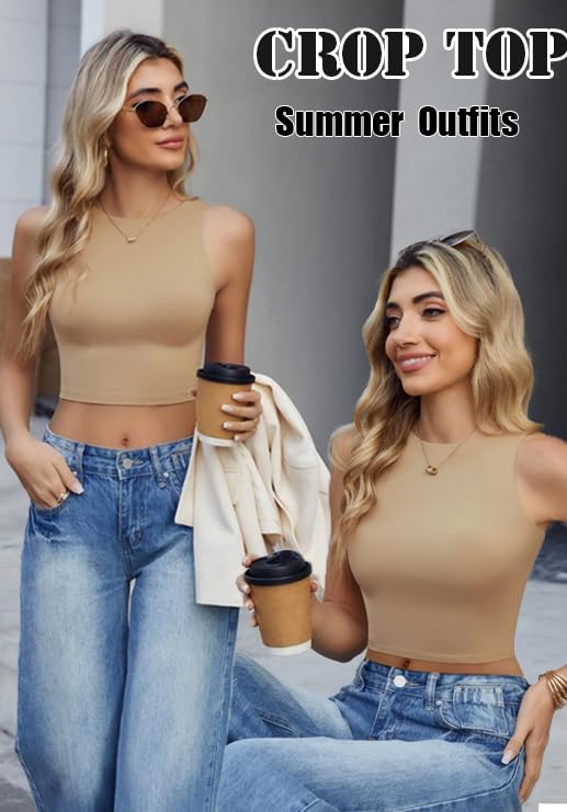 Image of Avidlove Crop Tops for Women Crew Neck Basic Tank Sexy Double Lined Seamless Crop Going Out Summer Tops