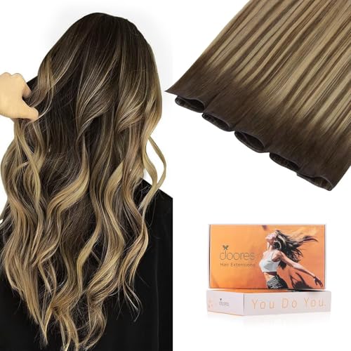 Image of DOORES Weft Remy Human Hair Extensions Handtied, 24 Inch Balayage Chocolate Brown to Caramel Blonde 60g, Human Hair Extensions Sew in
