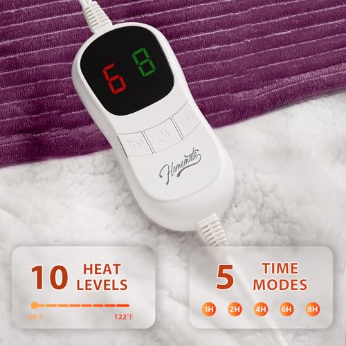 Image of Homemate Heated Blanket Electric Throw - 50 inchx60 inch Heating Blanket Throw 1 /2 /4 /6 /8 Hours Auto-Off 10 Heat Levels Over-Heat Protection Soft Flannel Sherpa ETL Certification