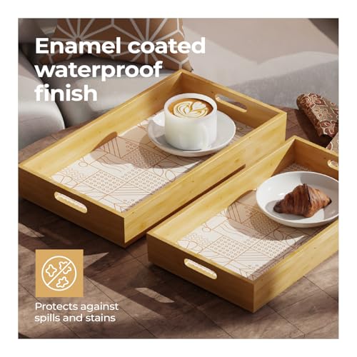 Image of Lifelong Set of 2 Premium Handcrafted Wooden Tray for Serving(16x10,14x8 inch) Tray Set for Decoration | Kitchen & Dining Tray | Premium MDF | Large, Medium, Small Multipurpose Tray | Enamel Coated