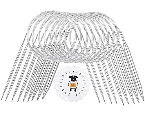 Coopay Lot de 8 aiguilles à tricoter circulaires - 80 cm - En acier inoxydable - Avec jauge d'aiguille - Métal de 2,75 à 9,0 mm - Pratique pour les pulls,...