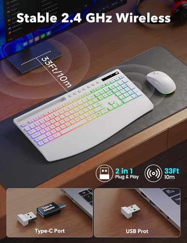 Image of Trueque Wireless Keyboard and Mouse Combo, 4000mAh Rechargeable Backlit Keyboard with Wrist Rest & Phone Holder, Full Size Quiet Typing 2.4G USB-A /Type-C for PC Laptop Windows Mac (White)