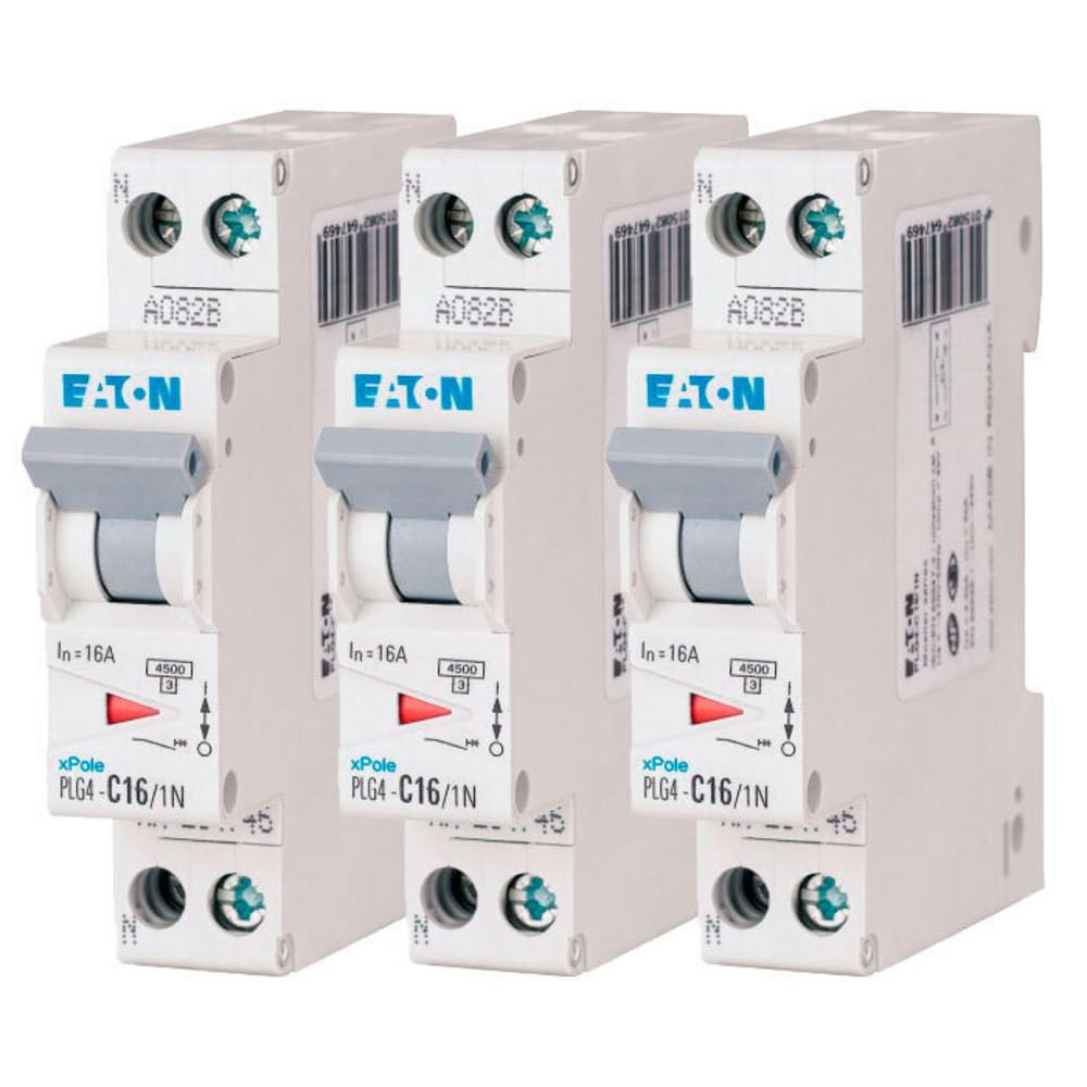 EATON 264746 PLG4-C16/1N - DISJONCTEUR MODULAIRE PH/N - Blanc - MANETTE GRISE - 1P+N / 16 A - COURBE C - Raccordement à vis - 3 disjoncteurs
